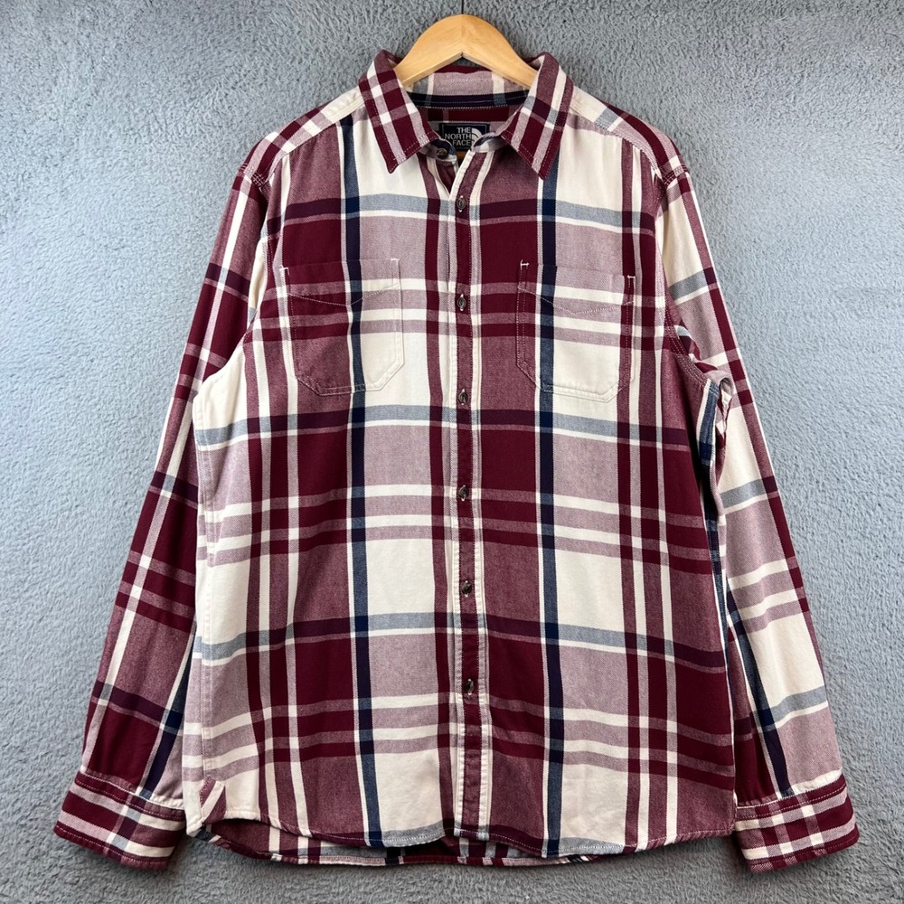 The North Face Mens L Plaid Flannel Long Sleeve Button Up‎ Shirt Burgundy Cream